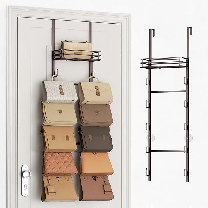 SWTYMIKI Over The Door Purse Organizer - Wall Mounted Handbag Organizer with 10 Hooks and Metal Basket, Hanging Purse Storage Rack Holds up to 10 Bags, Bag Rack Can Use As 1/2 Part, for Door, Closet