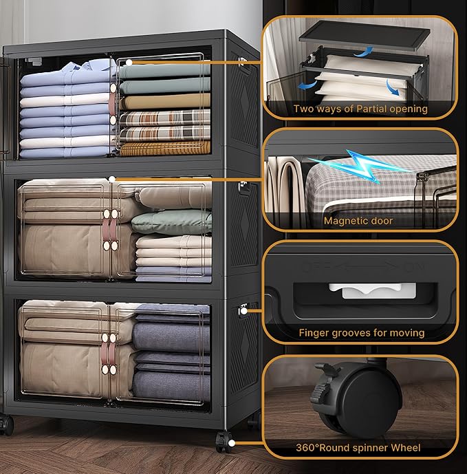 UAMFURI Extra Large Stackable Storage Bins with Lids & Wheels, Foldable Collapsible Closet Organizers Dark Storage Cabinet with Doors for Bedroom Dorm