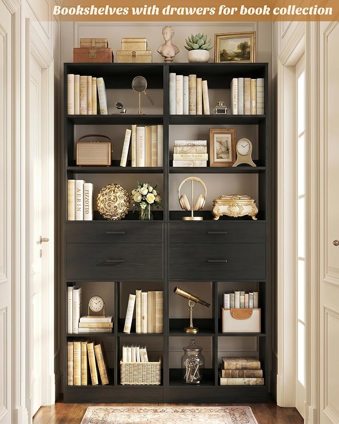 44" Storage Unit with Drawers and Shelves, Black