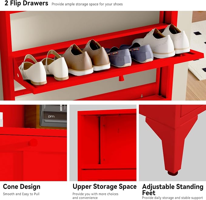 Shoe Cabinet with 2 Flip Drawers and Open Top Space-Metal Narrow Shoe Rack for Entryway,Hallway,Living Room-Hidden Metal Shoe Cabinet-Freestanding Shoe (2 Door, red)