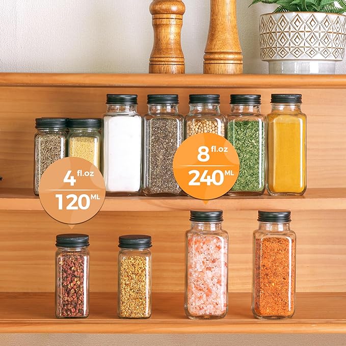 ComSaf Glass Spice Jars with with Labels 8 oz 6 Pack Square | Empty Containers, Seasoning Herbs Powders, Salt Pepper Chili, Spice Rack Organization, Kitchen Cabinet Storage