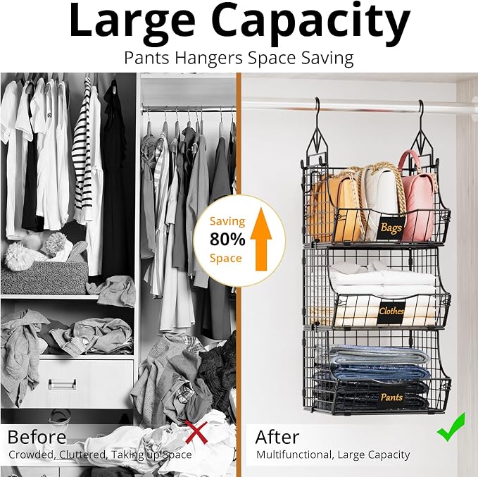 Hanging Closet Organizers and Storage, 6 Tier Closet Shelf Clothes Organizer with 2 S-Hooks, Multi-Functional Iron Wire Baskets, for Clothing, Sweaters, Handbags, Hat, Canned