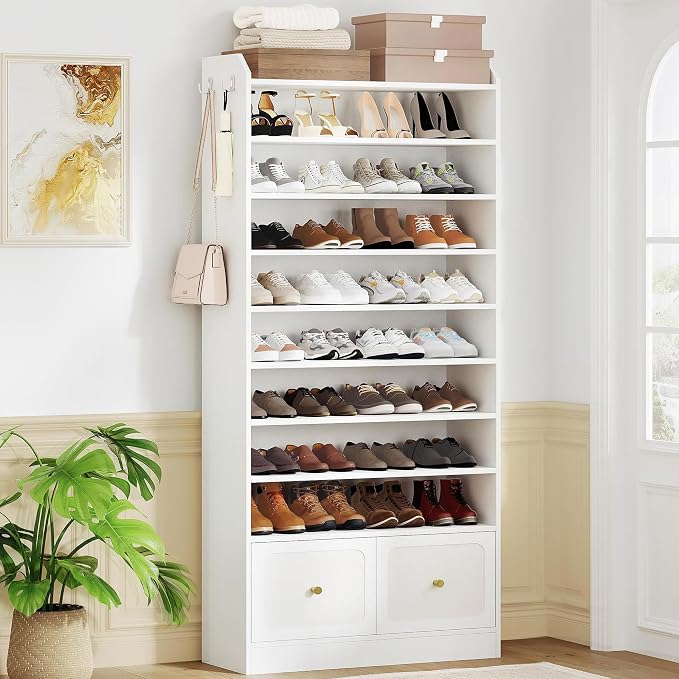 Hzuaneri Shoe Storage Cabinet, 10 Tiers Shoe Cabinet with 2 Cloth Drawers, Wooden Freestanding Shoes Organizer with 2 Hooks, 40-45 Pairs, Shoes Cubby Organizer for Entryway, White SR52903MI