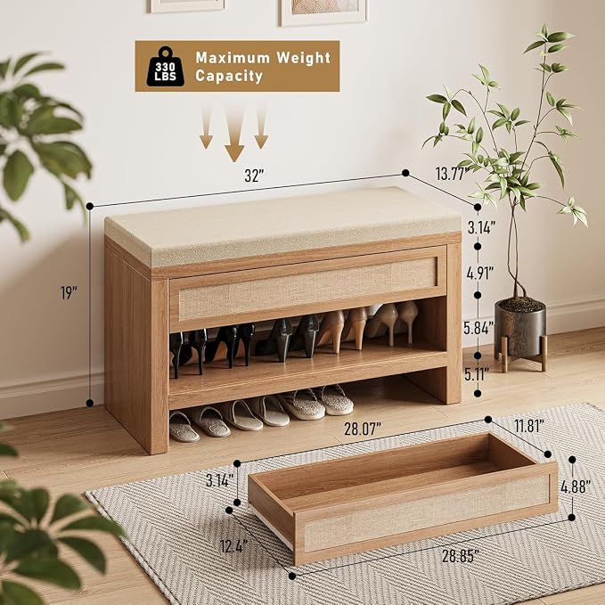 INNOD Shoe Bench with Storage Drawer, Farmhouse Wooden Entryway Bench with Linen Cushion, Freestanding Shoe Rack with Open Shelf for Hallway Front Door Living Room Bedroom