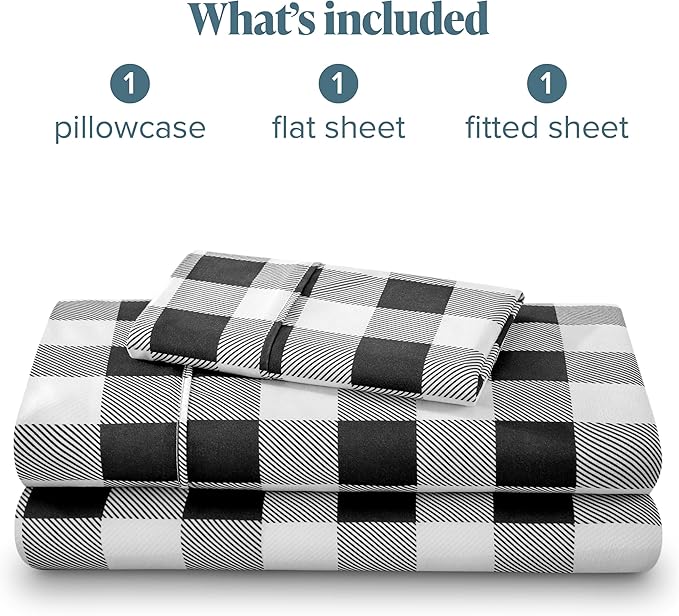 Bare Home Twin XL Sheet Set - College Dorm Size - 1800 Ultra-Soft Microfiber - Deep Pockets - Easy Fit - 3 Piece Set - Bed Sheets (Twin XL, Buffalo Plaid - White/Black)