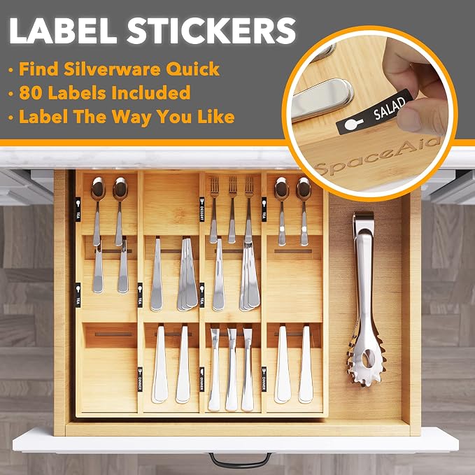 SpaceAid Bamboo Silverware Drawer Organizer with Labels, Kitchen Utensil Tray Holder Organizer for Flatware, Cutlery, Spoon and Knives Drawer Storage Organization (12 Slots)