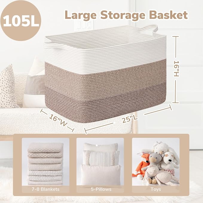 Goodpick 105L Woven Blanket Basket 25" x 16" x 16" Cotton Rope Storage Bins for Dirty Clothes, Extra Large Gift Basket for Living Room Home Decor, Toy Storage Baskets for Kids, Gradient Brown