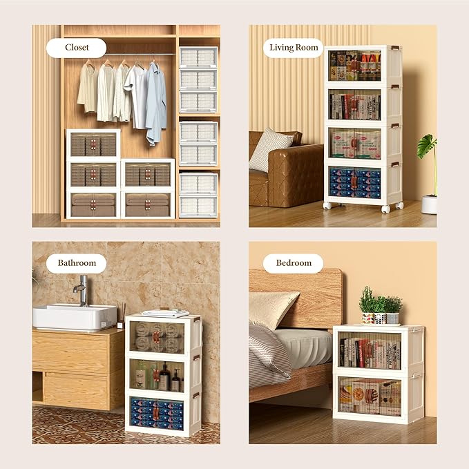 Stackable Storage Bins with Lids, 81QT/20Gal Collapsible Organizer Storage Foldable Plastic Cabinet with wheels, 2/3/4/5-Pack Space Saving Bins for Home Garage Pantry Organization S White 3T