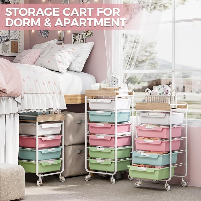 6 Drawer Rolling Cart for Craft Storage,Utility Drawer Organizer with Handle and Wooden Top,Storage on wheels for Office, Classroom,Laundry,Garage,Snack,Art Supply,Colorful
