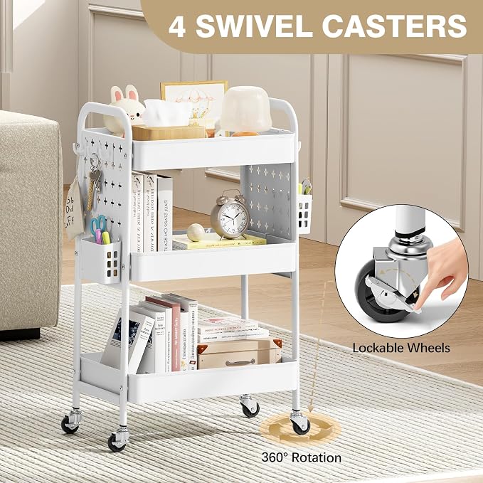 KINGRACK 3 Tier Rolling Cart with DIY Pegboard, Metal Utility Cart with Wheels, Hooks & Baskets, Sturdy Storage Organizer for Craft, Bathroom, Kitchen, Office, Nursery, Classroom (White)