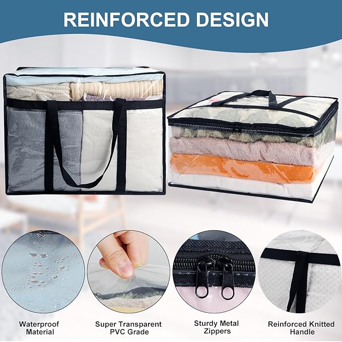8Pack Clear Blanket Storage Bags, Vinyl Comforter Clothes Storage Closet Organizers and Storage Containers Moving Bags with Reinforced Handle for Bedding, Clothing, Comforters, Pillows, Toys,60L