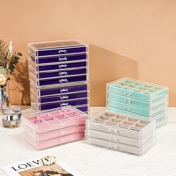 ProCase Earring Holder Organizer Jewelry Box with 10 Drawers, Acrylic Clear Earring Case with Adjustable Velvet Trays for Women - Aqua,10 Layers