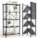 Fenbeli Foldable Shelves with Wheels - 5 Tier Folding Shelf, Collapsible No Assembly Metal Shelving Unit, Origami Storage Shelves & Rolling Storage Rack with 8 Hooks for Kitchen Pantry Garage