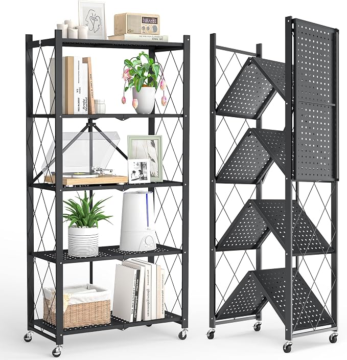 Fenbeli Foldable Shelves with Wheels - 5 Tier Folding Shelf, Collapsible No Assembly Metal Shelving Unit, Origami Storage Shelves & Rolling Storage Rack with 8 Hooks for Kitchen Pantry Garage
