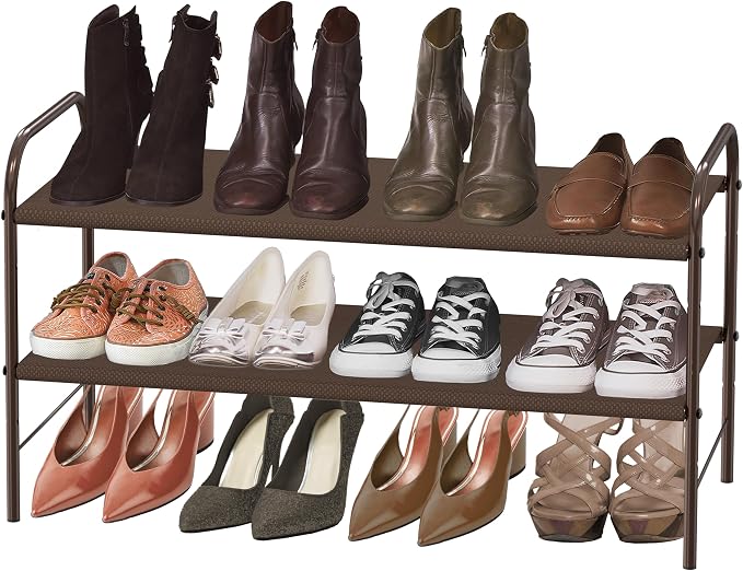 Simple Houseware 2-Tier Shoe Rack Storage Organizer, 12 Pairs, Bronze | Space-Saving Shoe Shelf with Sturdy Metal Frame and Non-Woven Fabric Shelves for Entryway, Garage & Corridor
