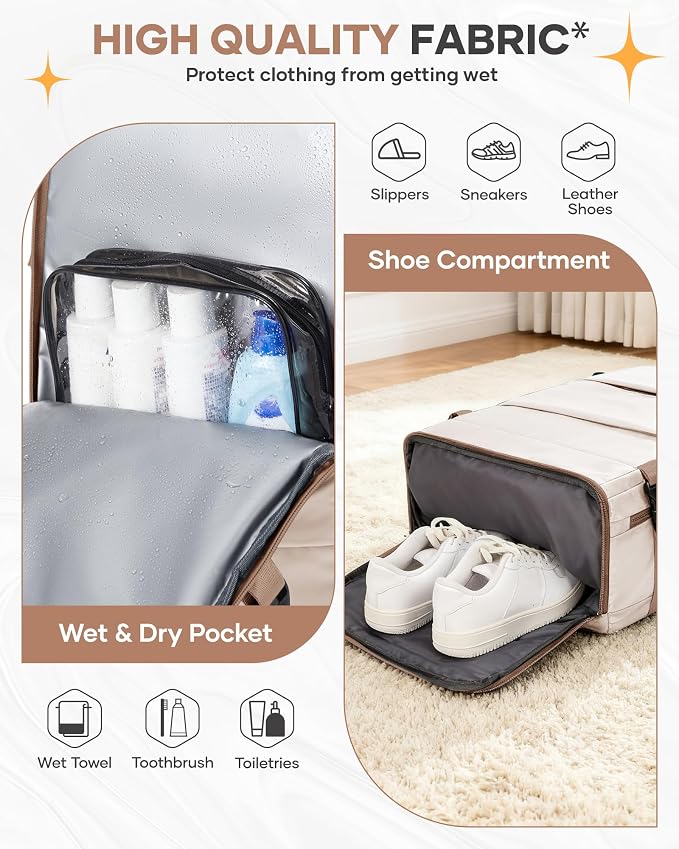 Travel Backpack Carry on Flight Approved Mochila De Viaje Personal Item Backpack for Airlines Frontier Airlines Personal Item Bag Large Backpack for Travel Backpacks for Men Women Beige with Brown
