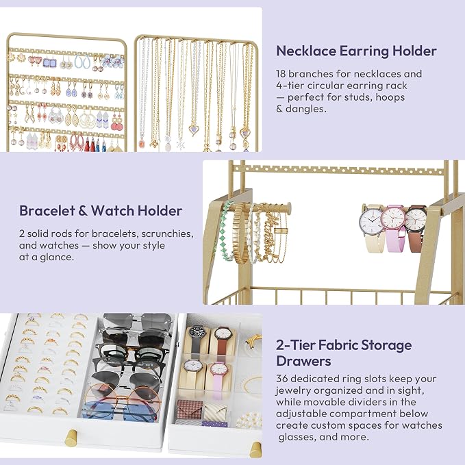 SWTYMIKI Gold Jewelry Organizer Stand - Multifunctional Rack Tower for Necklace, Earring, Ring & Bracelet Display - Moveable Storage Jewelry Holder Stand with 4 Nonwoven Drawers for Bedroom Gold