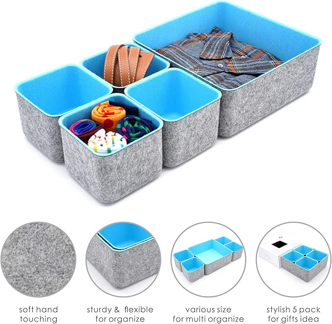 Welaxy Desk Drawer Organizers Storage bins Set Home Office Pen holder pencil phone stand Remote controller Closet Cabinet boxes decluttering 5-piece gifts idea (Baby Blue)