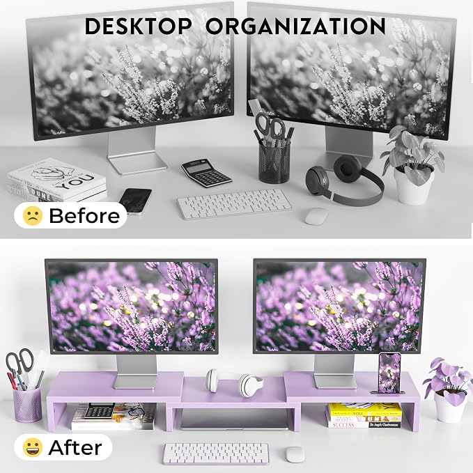 BONTEC Dual Monitor Stand Riser with Smartphone Holder, Adjustable Length & Swivel Angle, Ergonomic Wooden Desktop Organizer for PC Monitor, Laptop, Printer, Large Storage, 42.5 in, Purple