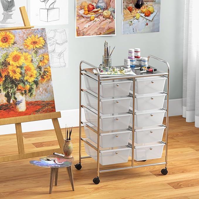 COSTWAY 10 Drawer Rolling Storage Cart, Utility Cart with Lockable Wheels | Mobile Art Supply Craft Organizer with Metal Frame, Multipurpose Drawer Cart for Paper for Office, School, Transparent