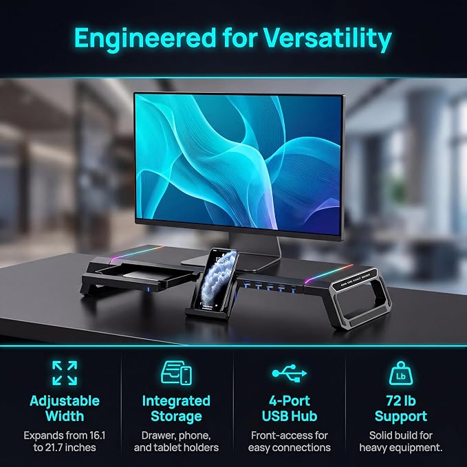 Monitor Stand Riser for Desk, Foldable Computer Monitor & Laptop Stand with Drawer, 4 USB 2.0 Ports, RGB Lighting, Phone & Tablet Holder, 72 lb Capacity (Black)