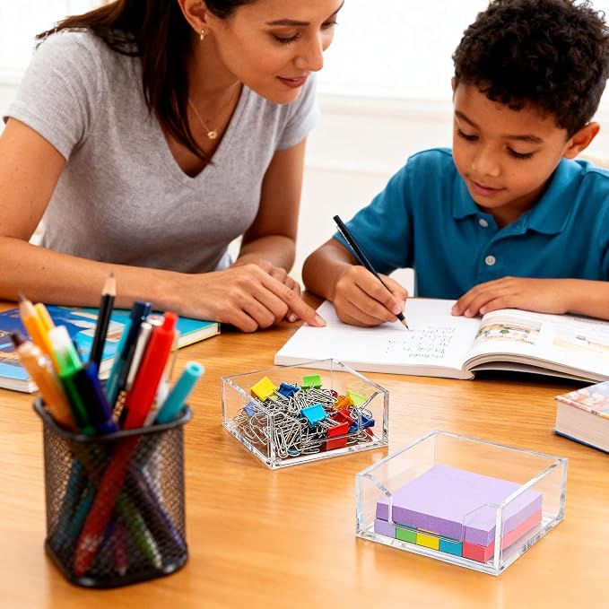 Clear Acrylic Sticky Note Holder Desk Organizer, 3.94" x 3.94" x 1.77" Memo Dispenser for Office Home School Post Bank Accessories(DP005)