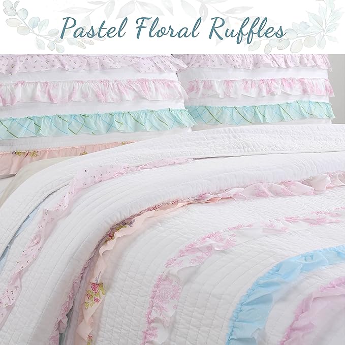 Cozy Line Home Fashions Light Pink Blue Coral White Ruffle 100% Cotton Reversible Girl Quilt Bedding Set, Reversible Coverlet Bedspread (Shabby Chic, Queen - 4 Piece)