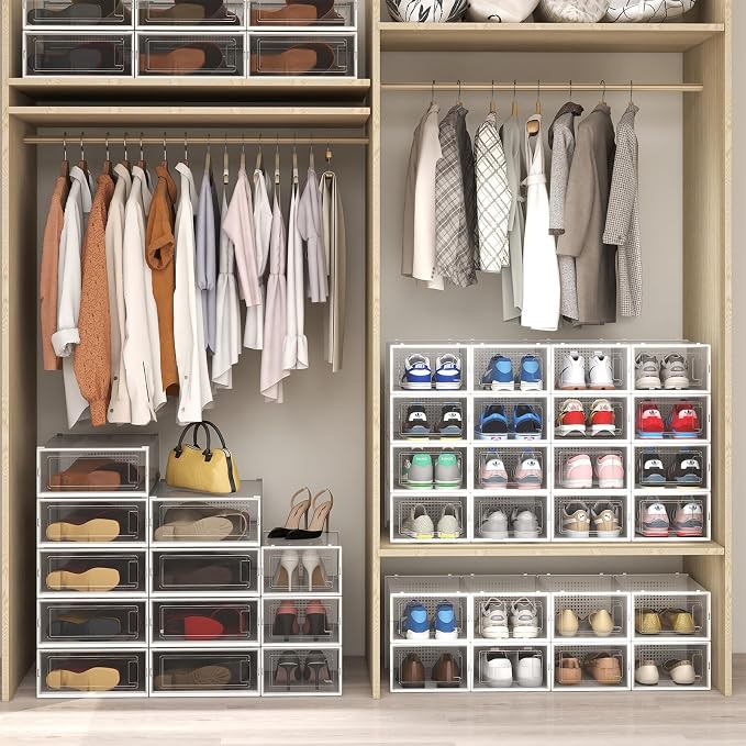 8-Piece Boot and 12-Piece Shoe Storage Box, Stackable Clear Plastic Shoe Box, Space-Saving Shoe Organizer for Boots, Sneakers, and High Heels, Clear