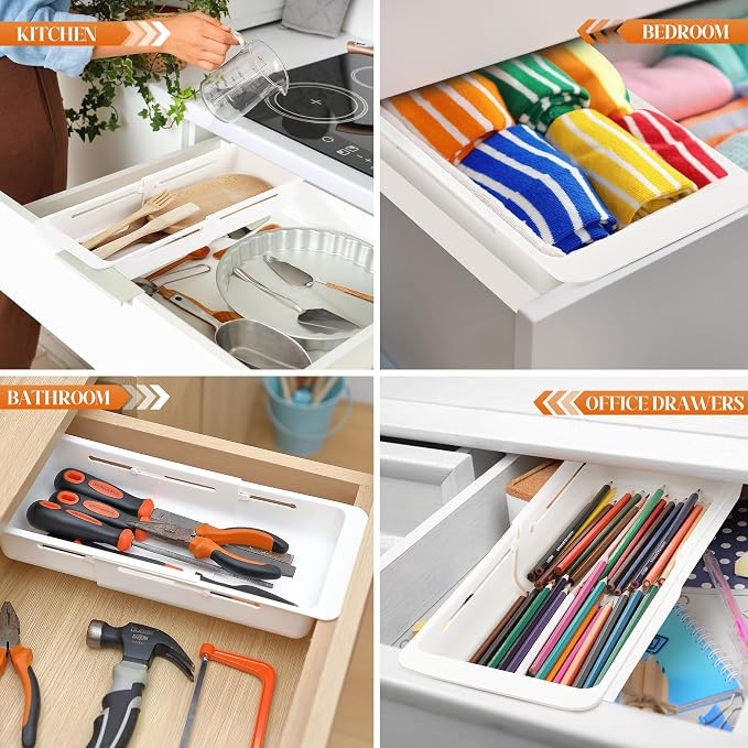 2 Pack Deep Drawer Organizer Adjustable Storage Bin(12.4-17.7") | Adjustable Width Design, Maximize Drawer Storage, Kitchen & Home Organization Solution