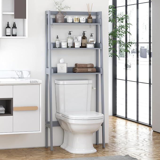 UTEX Over The Toilet Storage Shelf, 3-Tier Bathroom Shelf Rack, Gray | Space-Saving Bathroom Organizer with 3 Open Shelves for Towels & Toiletries, Adjustable Lower Crossbar, 33-Inch Clearance
