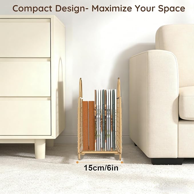 Gold Magazine Holder,Modern Magazine Rack Floor,Metal Wire Magazine Basket,Handbag Design Magazine Storage Organizer for Magazines File Book Newspaper Vinyl Record Albums
