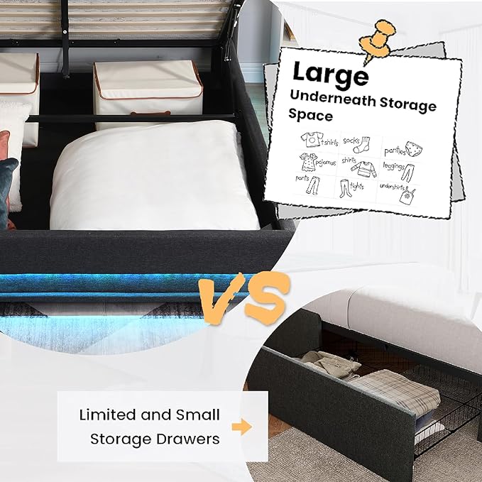 Ailisite Lift Up Storage Bed Full, Bed Frame Full Size with Charging Station & Led Lights, Upholstered Storage Bed with Wingback 2-Tier Bookcase Headboard, Hydraulic Lift, No Box Spring Needed,Black | lift up bed, breathable material