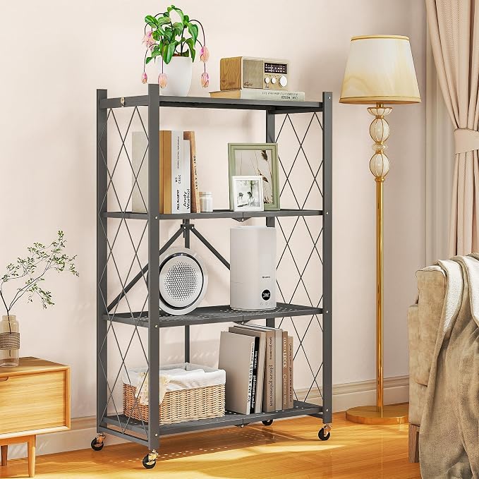 Fenbeli 4 Tier Folding Storage Shelf with Wheels, Heavy Duty Metal Shelving Unit No Assembly, Foldable Rolling Storage Rack 600 LBS Capacity, Locking Casters for Garage Kitchen Pantry(Gray, 4 Tier)