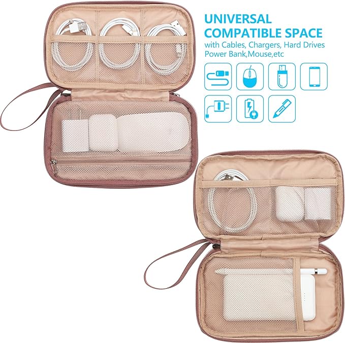 NISHEL Electronics Travel Organizer Cord Case, Charger Cable Tech Bag | Double-layer bag keeps chargers, cables, flash drive, and small tech essentials organized for trip, Medium, Rose-wood Pink