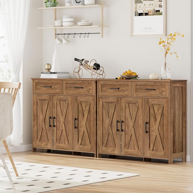 Homhedy Sideboard Buffet Cabinet, Coffee Bar Storage Cabinet with Drawers and Doors, Farmhouse Kitchen Cabinet with Adjustable Shelves, for Kitchen, Dining Room, Living Room, Rustic Walnut