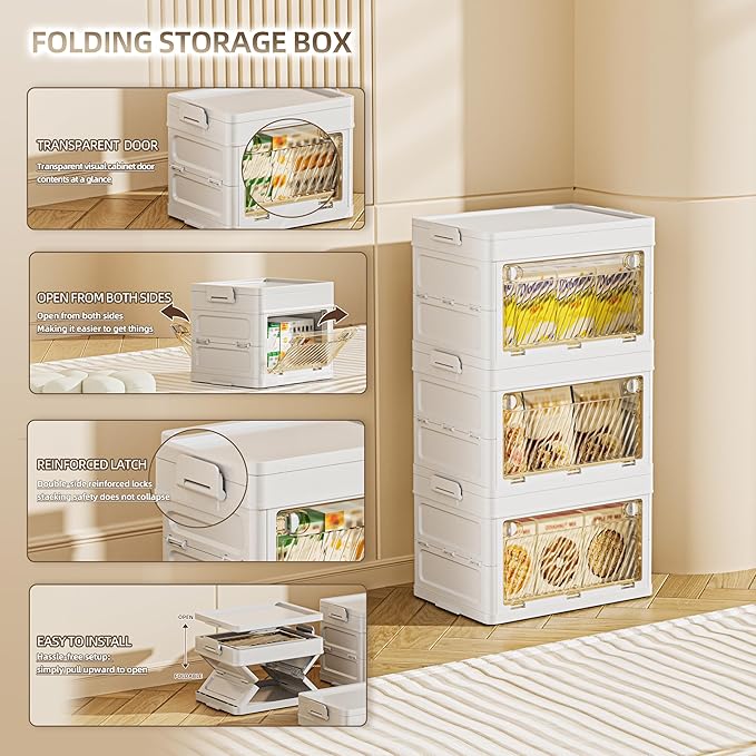 56 QT / 14 Gal Foldable Storage Cabinet - Clear Front & Back Doors with Triple Security Latches, One-Pull Assembly, Grade Organizer for Tools/Toys/Supplies