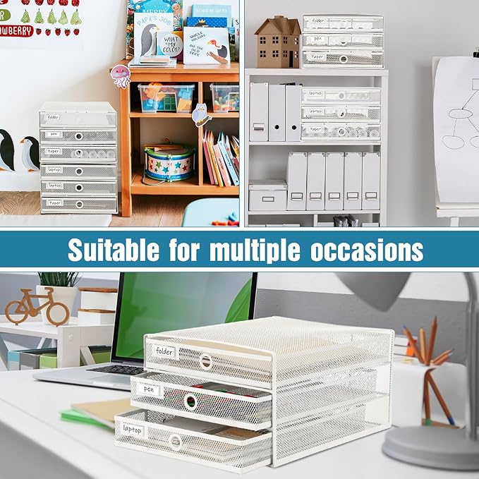 Zhanmai 2 Pack White Desk Organizer with Drawer Total Wire Mesh Storage Tray Multifunctional Paper Sorter File Stand for Home Office Supplies Letter A4 Paper Office Accessories Back to School (3 Tier)
