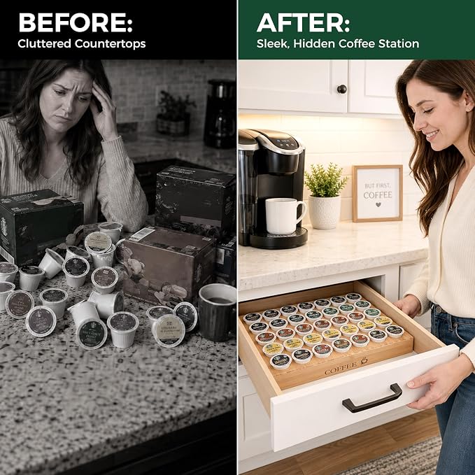 MinBoo BamBoo k cup holder Drawer or Countertop k cup Organizer Coffee Pod Holder Hold 35 Coffee Pod Storage Kcup coffee pods holder for coffee station Office and Kitchen k cup storage