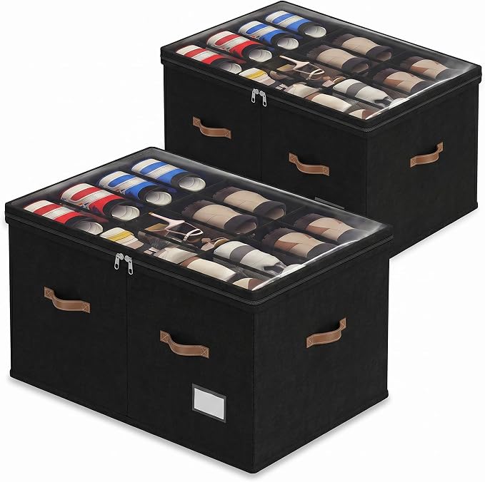 Shoe Organizer for Closet, 2 Pack Shoe Storage Bins Foldable Shoe Storage Box Containers with Clear Cover and Sturdy Handles, Shoe Rack for Closet Storage for Sneakers Heels Slippers, Fit 12-24 Pairs