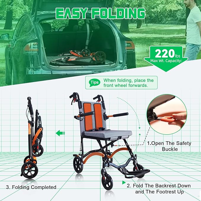 Ultra Lightweight Wheelchairs for Adults 19lbs - Foldable Transport Chair with Safety Belt, Storage Bag & 270° Flip Armrests, 220lbs Capacity, 16" Seat for Travel, Camping, Airplane (Orange)