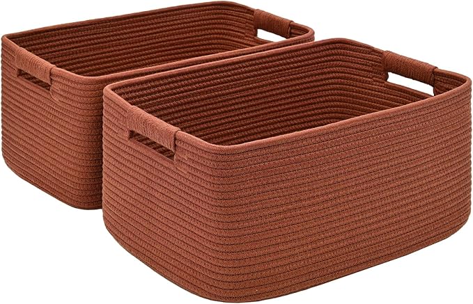 2 Pack Large Storage Basket for Organizing, 17.5"x13"x7" Woven Basket for Shelves, Closet Cube Storage Bins with Wrapped Handle, Cotton Rope Baskets for Kitchen, Clothes, Toys(Oxide Red)