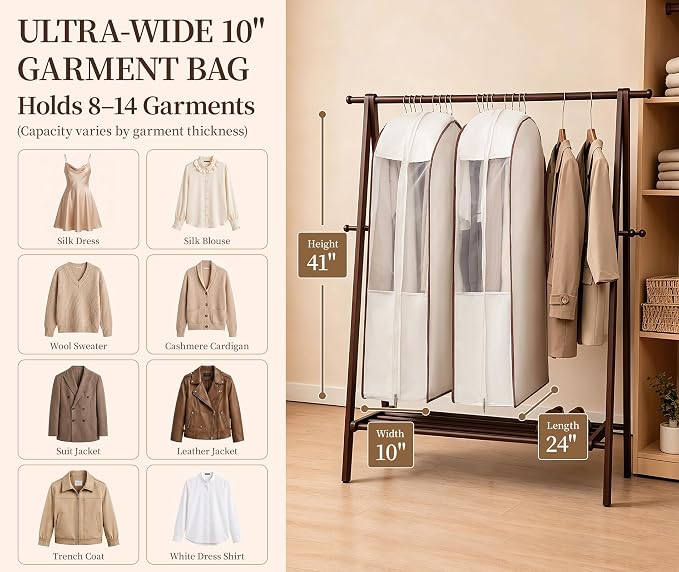 41" Cotton Garment Bags for Hanging Clothes, 2 Pack Breathable Suit Bags for Closet Storage, 10" Wide Gusseted & Clear Window, for Suits, Short Dresses, Sweaters, with Cedar Blocks