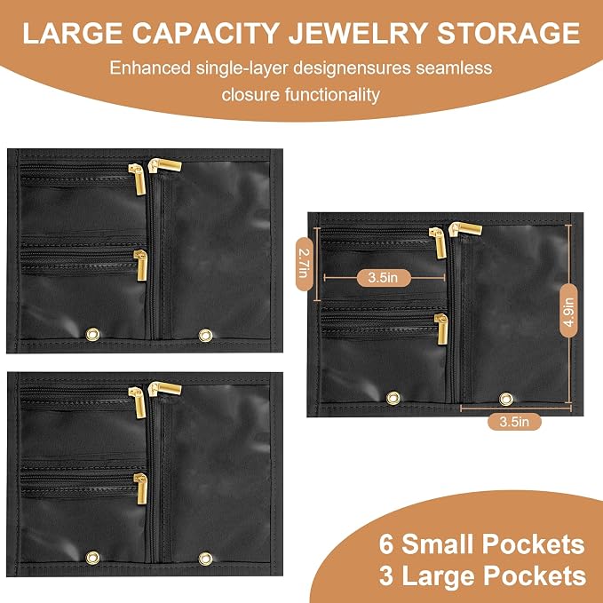 Leather Travel Jewelry Case Organizer,Jewelry Storage Book Binder with Clear Zipper Pouch & Lining-Portable Jewelry Bag for Earrings,Rings,Necklaces,Bracelets (3 PCS Black- Inner Pages)