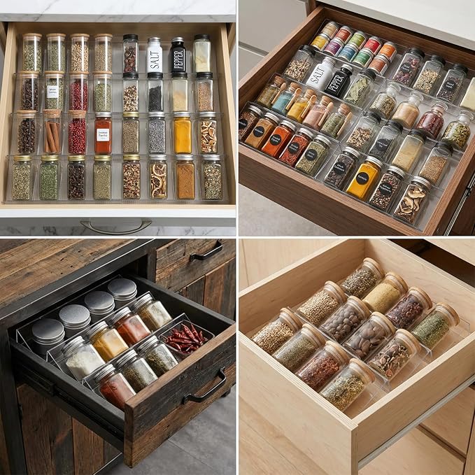 8-Pack Clear Seasoning Rack for Drawer, Expandable Acrylic Spice Drawer Organizer (13 to 26 Inches) Holds up to 56 Jars, Kitchen Spice Rack for Drawers Storage