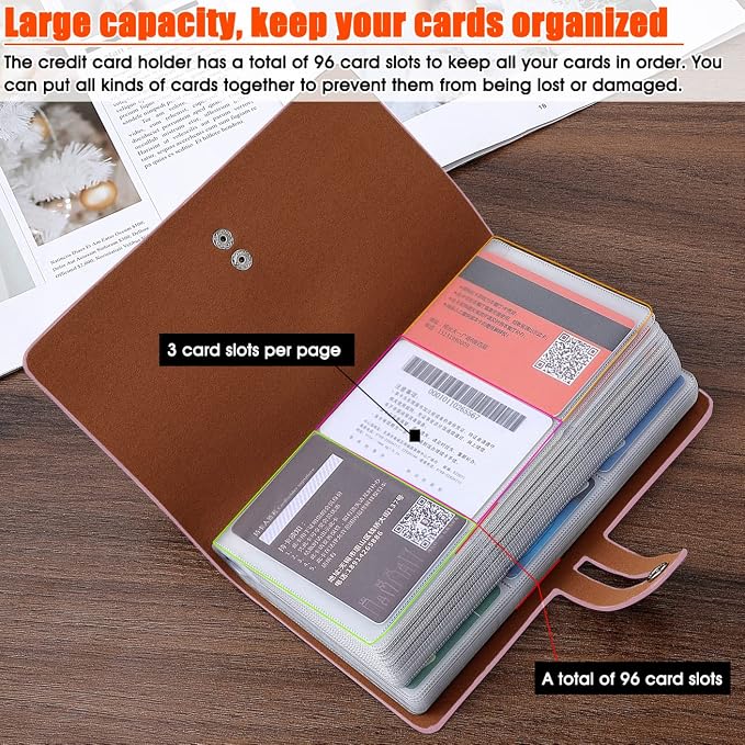 RFID Credit Card Holder, Leather Business Card Organizer with 96 Card Slots, Credit Card Case for Managing Your Different Cards and Important Documents to Prevent Loss or Damage (Pink)