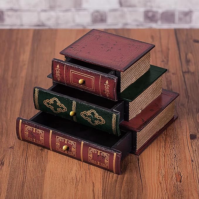 POWER UNICO FLOWER Vintage Decorative Organizer Wooden False Book Storage Box Jewelry Box with Three-layer Drawers (312)