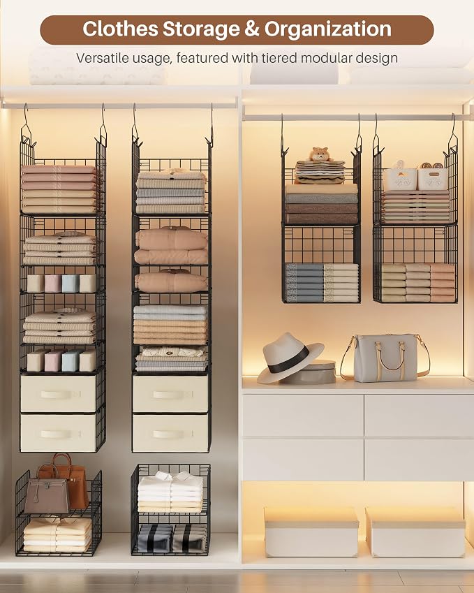 4 Pack Metal Hanging Closet Organizer, Adjustable Wire Shelves with 2 Fabric Drawers, Heavy Duty Foldable Clothes Storage Rack | No Sag Foldable Storage Rack for Clothes, Sweaters, Socks, Hats, Small Closets, Apartments, Dorms