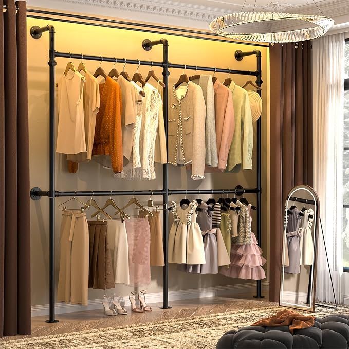 Aheaplus Industrial Pipe Clothing Rack, Reversible 6.75FT Clothes Rack for Hanging Clothes, Heavy Duty Garment Racks, Wall Mounted Closet Wardrobe Racks, Corner L Shaped Walk-in Closet System, Black