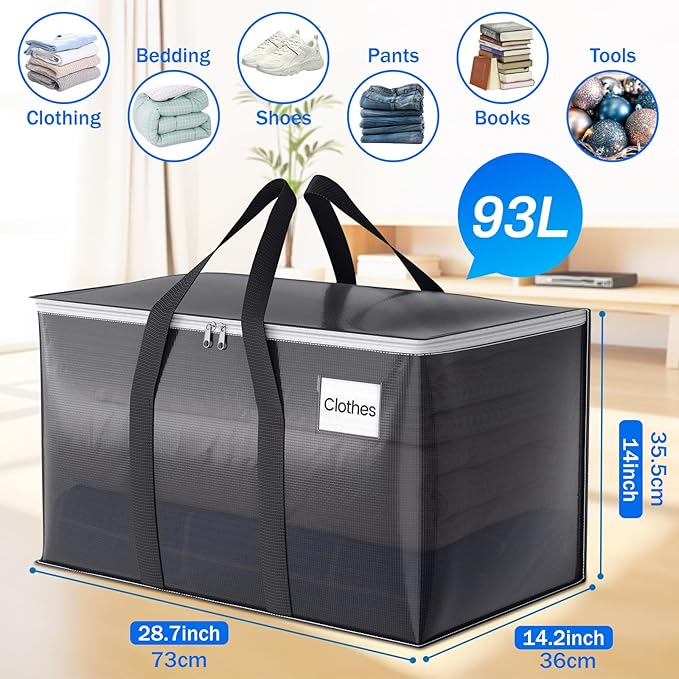 ElegantArray 4 Pack Moving Bags Heavy Duty, Moving Boxes, Storage Bags with Zipper & Handles & Tag for College & Dorm Moving Supplies Grey Laundry Hamper Bag, Foldable Space-saving Totes (93L, Grey)