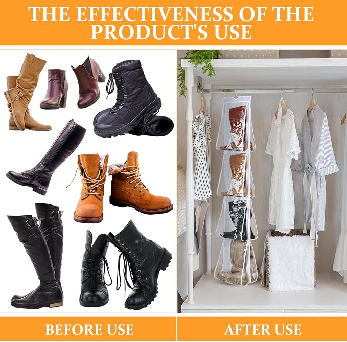 Windyun 16 Pairs Large Clear Pockets Fabric Dual Sided Hanging Shoe Rack for Closets Hanging Shoe Organizer with Rotating Hanger Boot Organizer for Storage Men's and Woman's Boots(White)